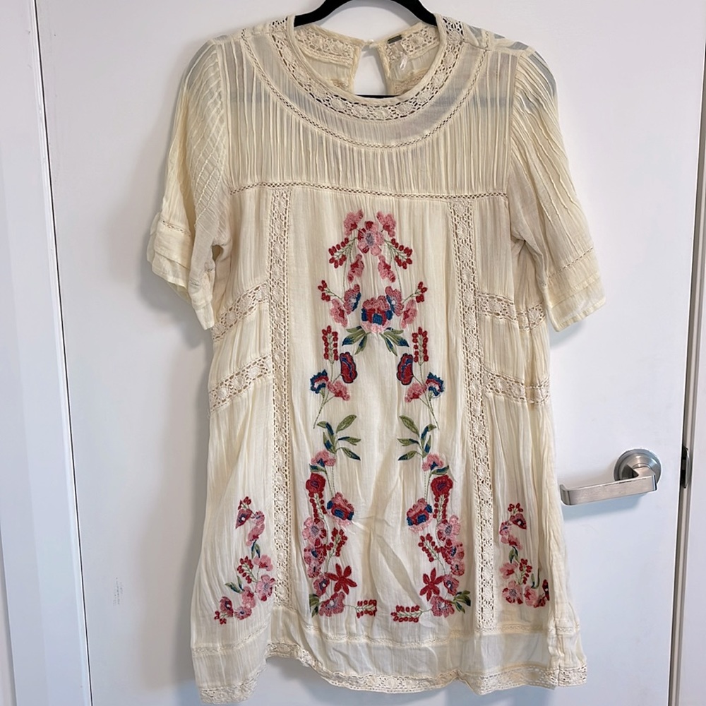 Free People Cream and Pink Floral Embroidered lined mini dress - Picture 1 of 4